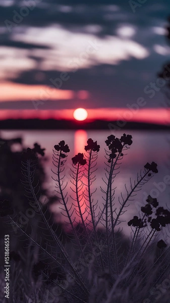 Obraz Stunning sunset over the lake, with silhouetted plants in the foreground.