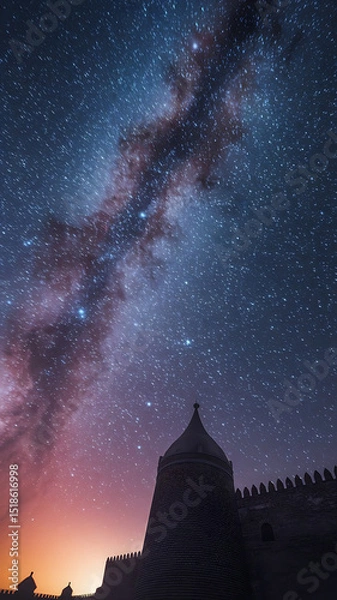 Obraz Majestic Milky Way galaxy shines over an ancient fortress at night, creating a picturesque scene.