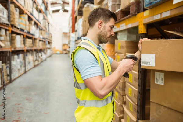 Obraz Male worker wearing safety vest using scanner scanning barcodes on boxes in warehouse, copy space