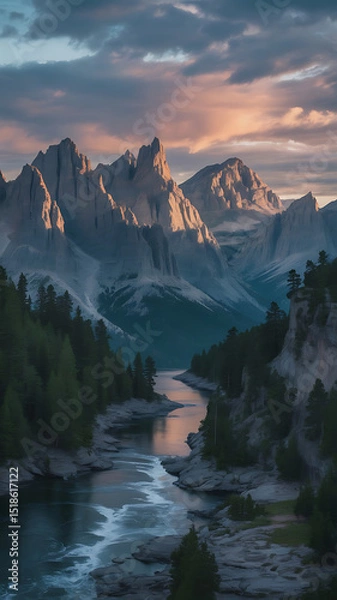 Obraz A beautiful sunset illuminates a river and mountain peaks in a stunning landscape scene.