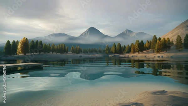 Obraz The calm waters of a mountain lake reflect the surrounding trees and mountain range.