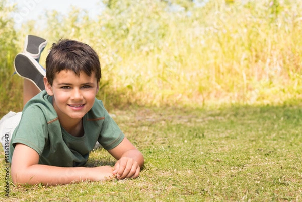 Fototapeta Child boy lying on stomach in sunny open meadow surrounded by tall grass, copy space