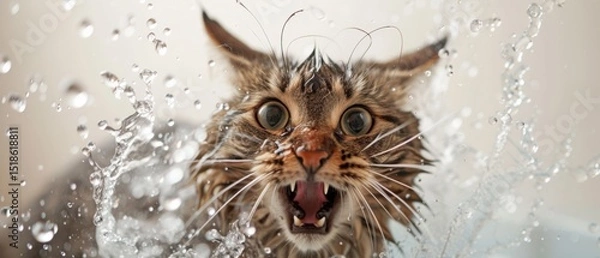 Fototapeta A wet tabby cat with wide, startled eyes and an open mouth reacts to a bath. Water droplets splash around in mid-air, emphasizing its dramatic expression
