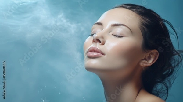 Fototapeta Peaceful woman with glowing skin and closed eyes enjoying a cool water mist. The soft blue background enhances the tranquil and rejuvenating atmosphere