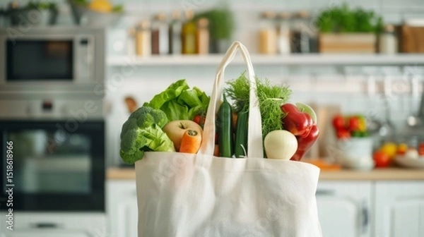 Fototapeta Cotton bag filled with broccoli, carrots, cucumbers, lettuce, onion, dill, and bell peppers placed on a kitchen counter in a bright modern home interior