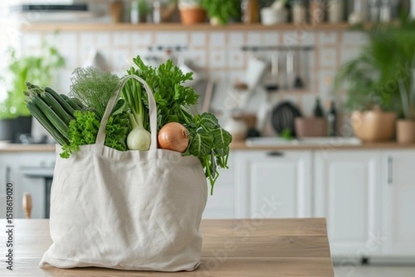 Fototapeta Reusable cotton bag filled with cucumbers, lettuce, onions, parsley, and leafy greens placed on a wooden kitchen table with a soft-focus white interior background.