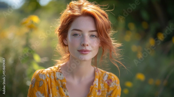 Fototapeta Freckled red-haired woman with loose updo and floral yellow dress sitting outdoors in a sunlit field, softly smiling amid blurred wildflowers and greenery