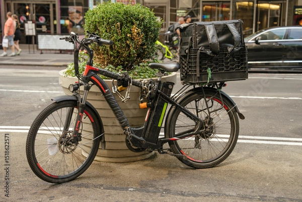 Obraz An electric delivery bicycle with a large rear cargo box is parked near a planter on a busy New York street. The scene reflects urban life, gig economy work, and eco-friendly transportation.