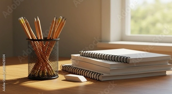 Fototapeta Desk setup with pencils notebooks and eraser for school supplies and creative writing workspace aesthetic