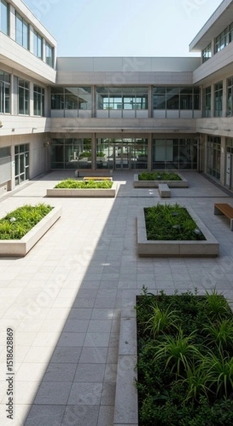 Fototapeta Modern architecture courtyard design with greenery and light stone paving for urban landscape design