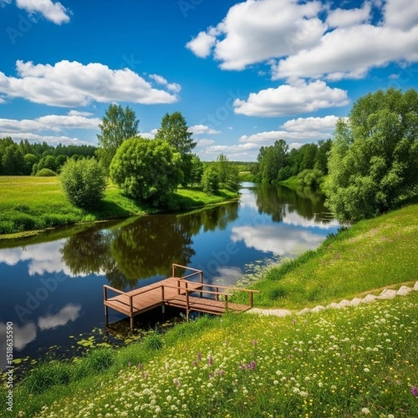 Obraz Scenic Riverside Landscape with Wooden Dock and Wildflowers