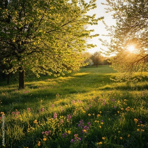 Obraz Sunlit Meadow with Blooming Wildflowers and Trees
