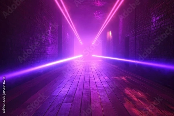 Fototapeta A neon-lit tunnel with brick walls, illuminated by striking purple light, creating an ethereal and futuristic space.