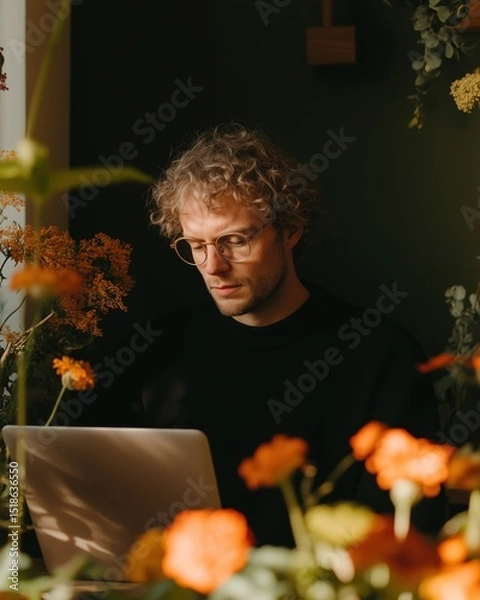 Obraz Young Man Working with Laptop Surrounded by Flowers.