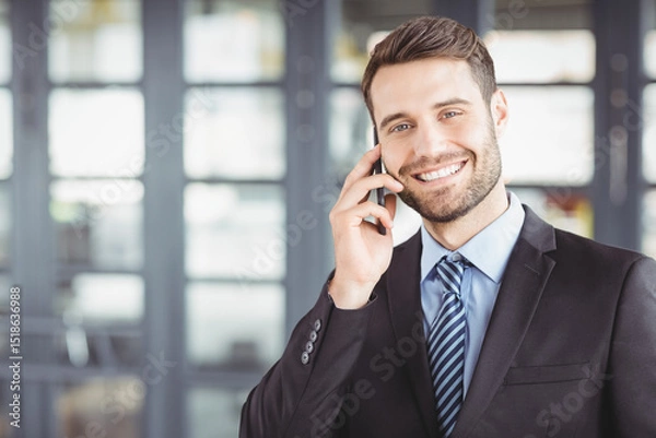 Obraz Businessman talking on smartphone in front of glass doors, with blurred office interior behind him