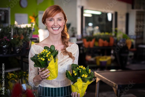 Obraz Yellow flowering plants are resting on wooden table in bright florist shop, with metal shelving