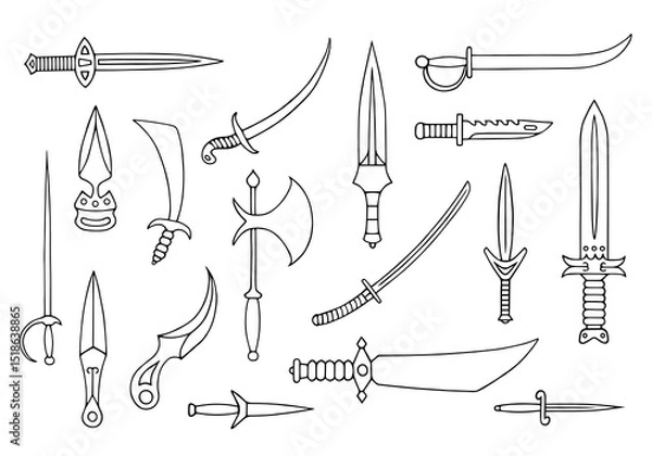 Obraz Set of knives, swords, axes, daggers, sabers, epees and rapiers. Set of edged weapons. A collection of bladed weapons.