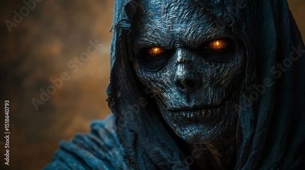 Obraz A haunting skeletal figure draped in a dark cloak, with glowing orange eyes, exuding a mysterious and eerie atmosphere.