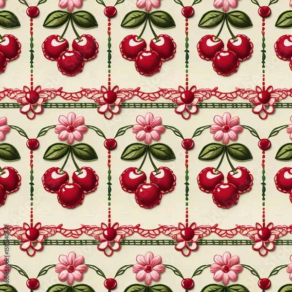 Fototapeta Charming vintage cherry and floral lace pattern with a soft handcrafted feel.