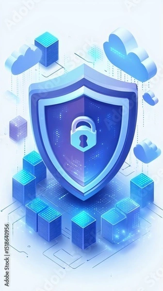 Obraz A digital shield symbolizing cybersecurity with lock and cloud elements, representing data protection in a modern technological landscape.