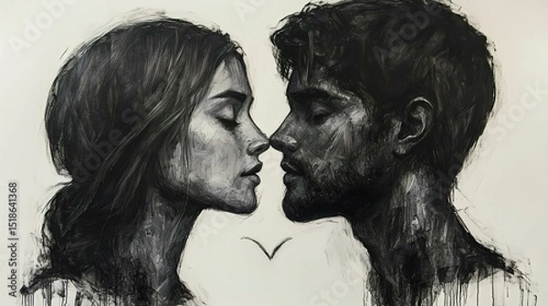 Obraz A stunning monochromatic portrait of an embracing couple, showcasing intimacy and connection through expressive artistry and detailed line work.