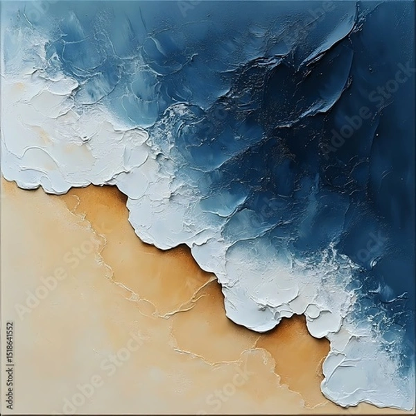 Obraz A stunning abstract ocean wave painting featuring deep blue and white textures, with sandy beach tones, evoking tranquility and serenity.