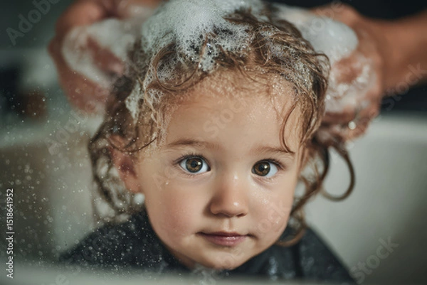 Obraz Three-year-old child with wet hair in salon sink, adult hands washing with foamy shampoo, calm expression, soft light, clean cozy setting, high realism. 