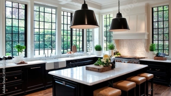 Obraz Modern kitchen with large windows and dark cabinets.