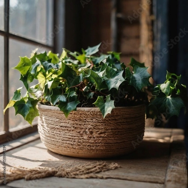 Obraz Ivy in a pot, light photo and interior in boho style, twine, close-up, professional photo, stock photography