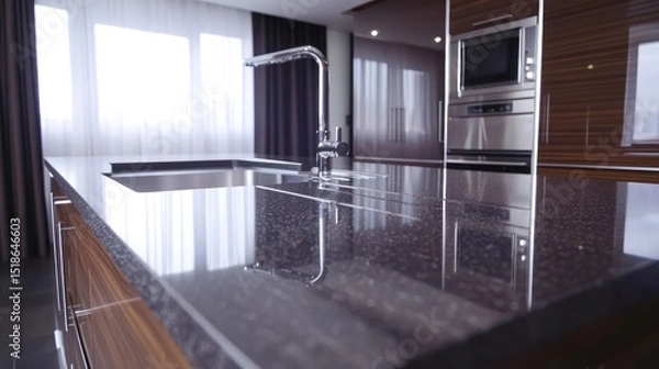 Obraz Modern kitchen counter reflecting surrounding light.