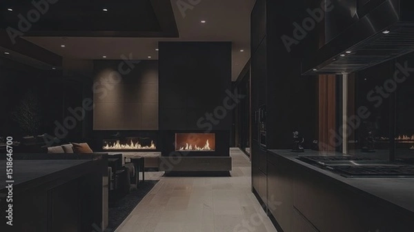 Obraz Modern, dark interior design featuring a fireplace.