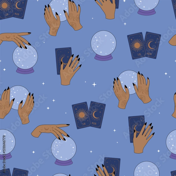 Fototapeta Magic ball and witch hands flat seamless pattern