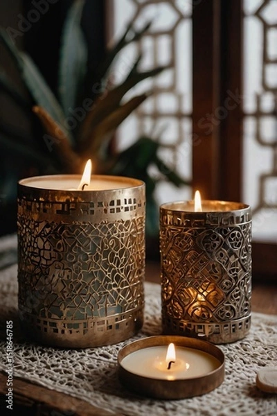Obraz Boho style interior, light, sophisticated, close-up of candles and figurines, geometric shapes