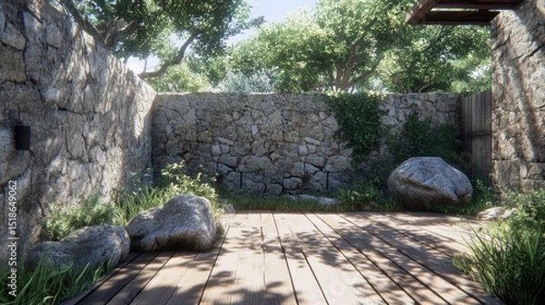 Obraz Stone wall enclosure with wooden floor and trees.