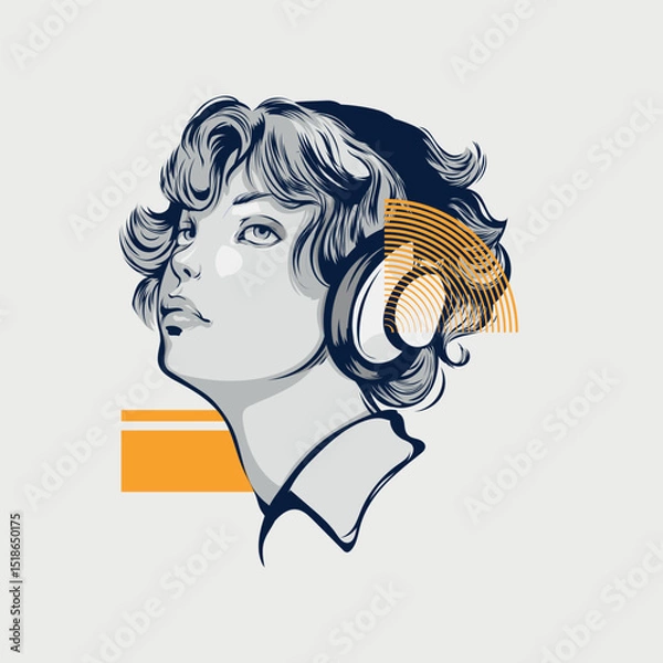Obraz Vector illustration of a stylish girl in headphones isolated from the background. Drawn in gray and yellow tones, it is suitable for printing