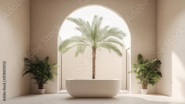 Obraz Beige interior design featuring a bathtub and palm tree.
