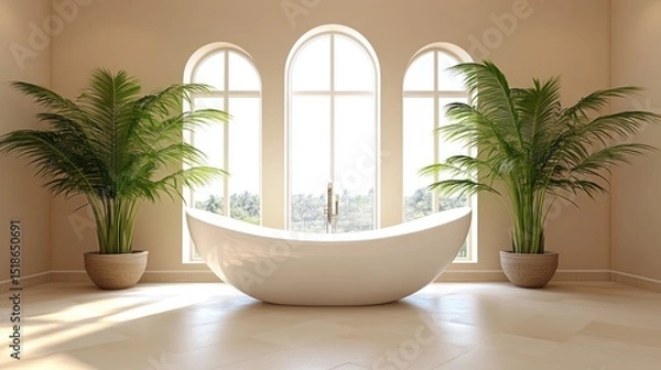 Obraz Spacious interior bathroom with large windows and a luxurious tub.
