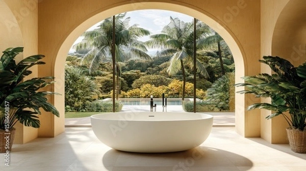 Obraz Outdoor spa with a view of tropical foliage.