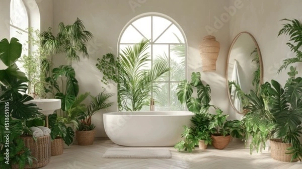 Obraz Sunlight-drenched bathroom with lush greenery and a modern tub.