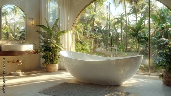 Obraz Luxurious bathroom with a tranquil garden view.