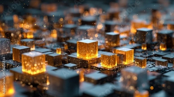 Fototapeta Abstract Golden Cubes Digital Art Futuristic Technology Background Glowing Illuminated 3D Render Modern Design Elegant Luxury Dark Grey Sparkling Particles Bright Shiny  