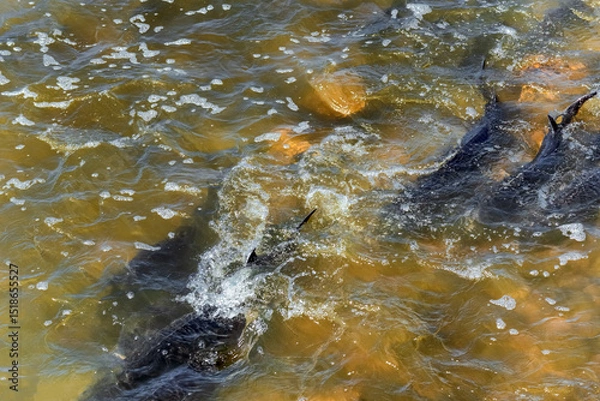 Fototapeta Lake Sturgeon Spawning At The Fox River Dam And Rapids At De Pere, Wisconsin, In Spring