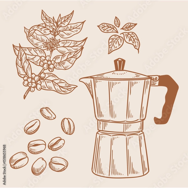 Obraz Set of vintage coffee illustrations hand-drawn in ink. Original drawings of coffee, a coffee plant, and coffee beans