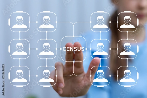 Fototapeta Government official using virtual touch screen push text: CENSUS. National census survey. Census Population Analyzing Data Concept.