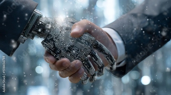 Obraz Human Handshake with Robotic Hand Advanced Technology Future Innovation Digital Business Partnership Artificial Intelligence Modern Collaboration Teamwork Progress       