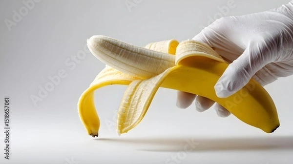 Obraz Healthy Snacking: Gloved Hand Peeling a Ripe Banana on a Clean White Background