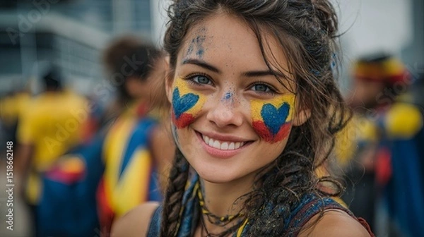 Obraz Vibrant Colombian Pride: A Radiant Smile Painted with the Colors of the National Flag. A joyful expression of national identity and cultural celebration. Perfect for patriotic     