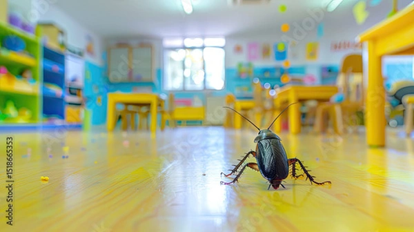 Obraz Large cockroach crawling on the floor of a brightly colored, empty kindergarten classroom, suggesting an infestation and need for pest control