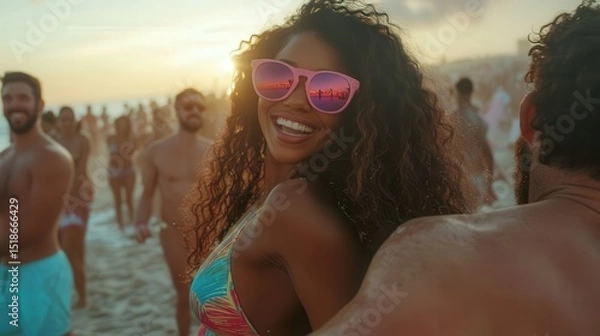Fototapeta Joyful Black woman in colorful dress and pink sunglasses dancing and hugging bearded man at vibrant beach party at sunset, with bokeh crowd and cinematic bohemian style.