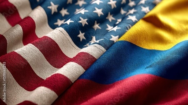 Obraz USA and Colombia Flags Wave Proudly in the Breeze - A Stunning 4K Drone Shot Capturing the Vibrant Colors and Dynamic Movement of Two National Flags Blowing in the Wind. Perfect   